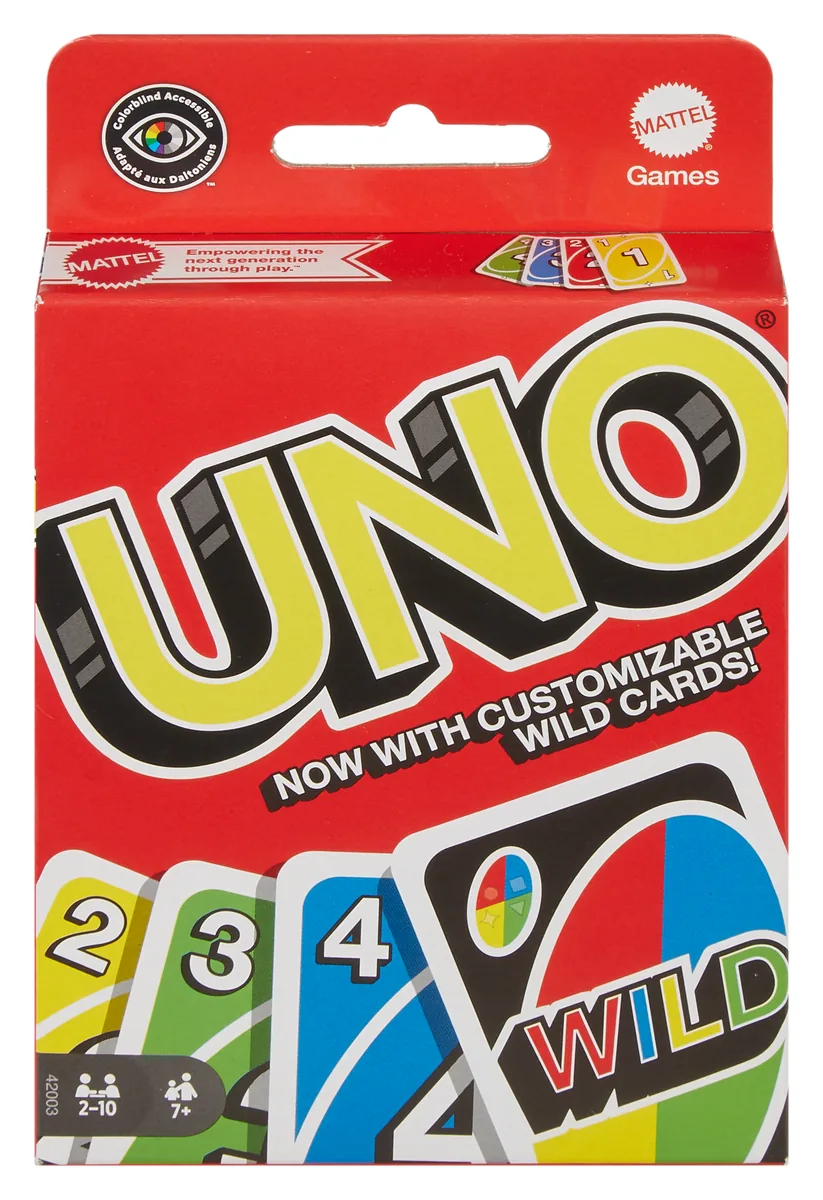 Front of the UNO pack: a red card box with the UNO logo and Wild cards