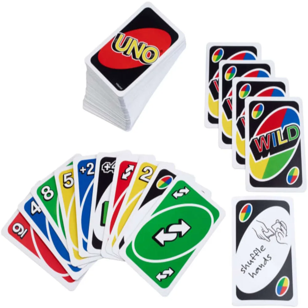 An UNO deck spread out: number cards in four colours, action cards, a blank Wild and the card box