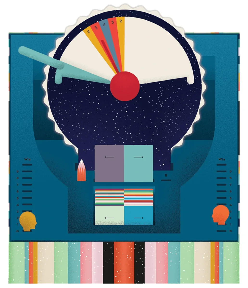 The Wavelength device from above: a target wheel with coloured scoring bands, the red dial and score markers on the tray