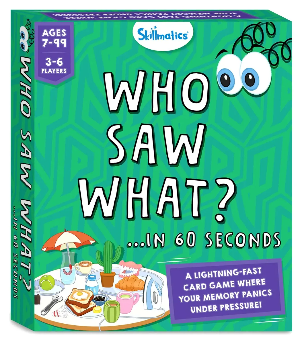 Skillmatics' Who Saw What? box: green, with big cartoon eyes and a busy picture of a picnic table