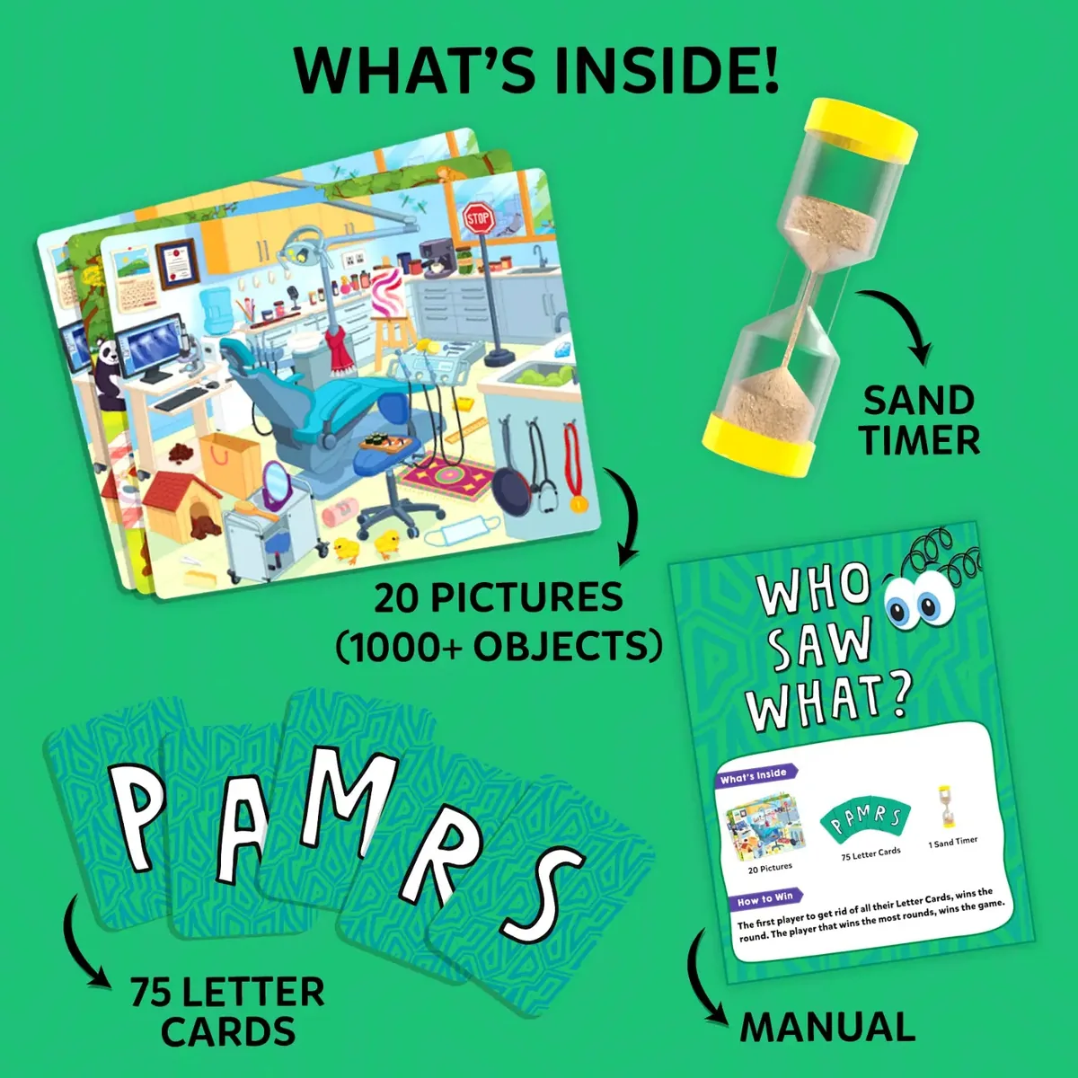 Skillmatics graphic of the contents: picture cards, a sand timer, letter cards and the manual