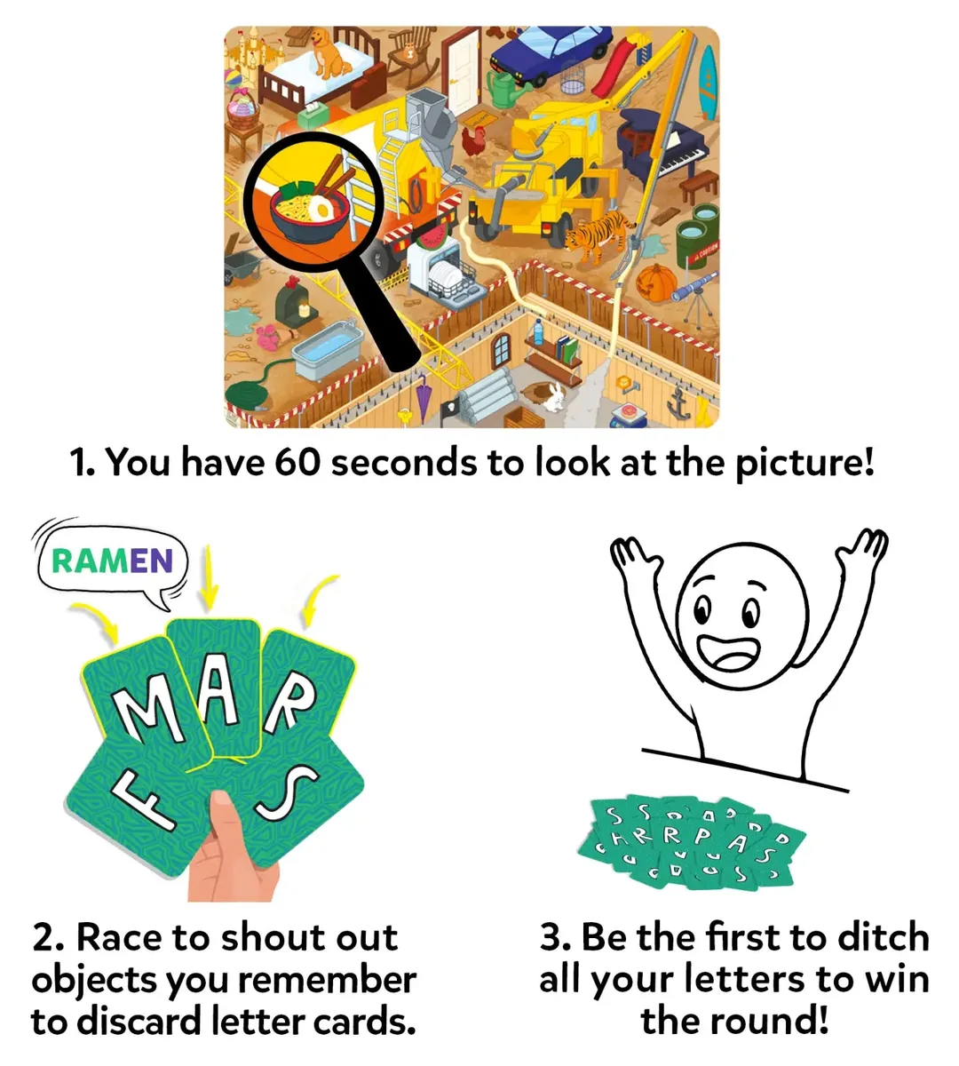 Skillmatics how-to-play drawing: look at the picture for 60 seconds, race to shout objects, be first to get rid of your letters