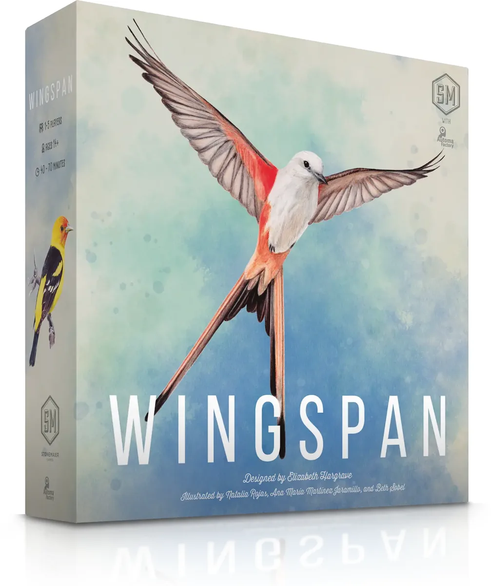 The Wingspan box: a watercolour of a long-tailed bird in flight against a pale blue sky