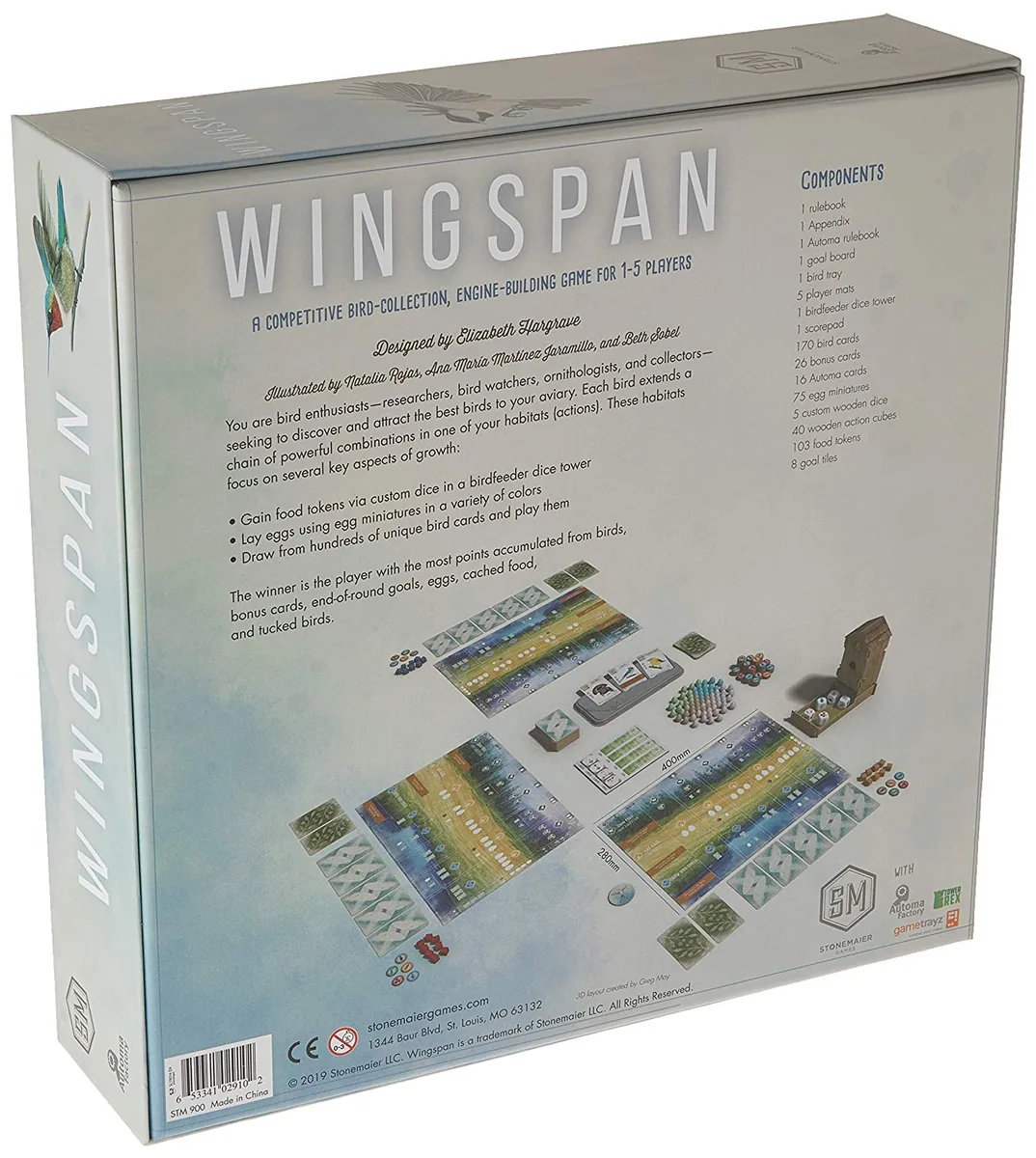The back of the Wingspan box with a photo of the game set up and a list of components